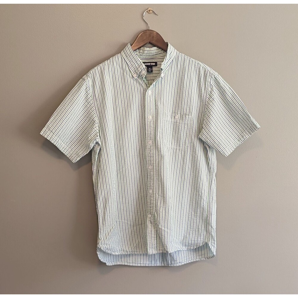 Lands' End Mens Medium 15-15.5 Seersucker Shirt Blue Green Striped Short Sleeve